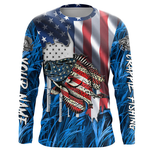 American flag patriot Crappie blue camo fishing, custom mens long sleeve sun protection fishing shirts NQS7987