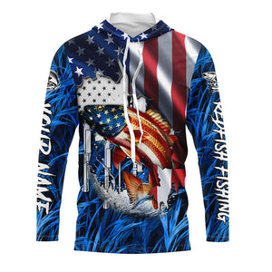 American flag patriot Redfish blue camo fishing, custom mens long sleeve sun protection fishing shirts NQS7988