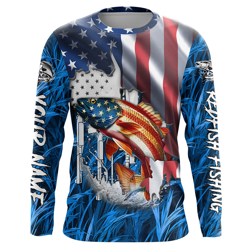 American flag patriot Redfish blue camo fishing, custom mens long sleeve sun protection fishing shirts NQS7988