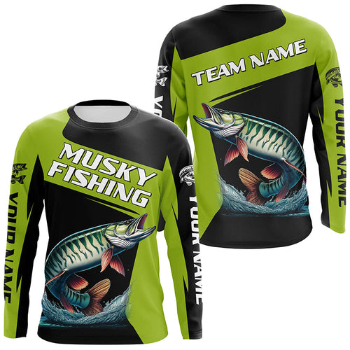 Green Musky fishing Custom Long Sleeve Tournament Fishing Shirts, Performance Muskie Fishing Jerseys NQS8188