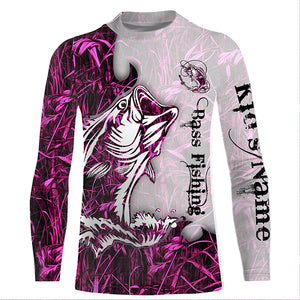 Bass fishing pink Camo Customize name sun protection long sleeves fishing shirts for men, women NQS801