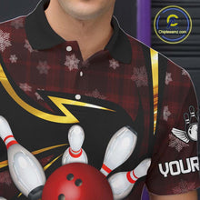 Load image into Gallery viewer, Red Christmas Plaid pattern snowflake Black and Gold Men's Bowling shirts Custom Xmas Bowling Gifts NQS10997