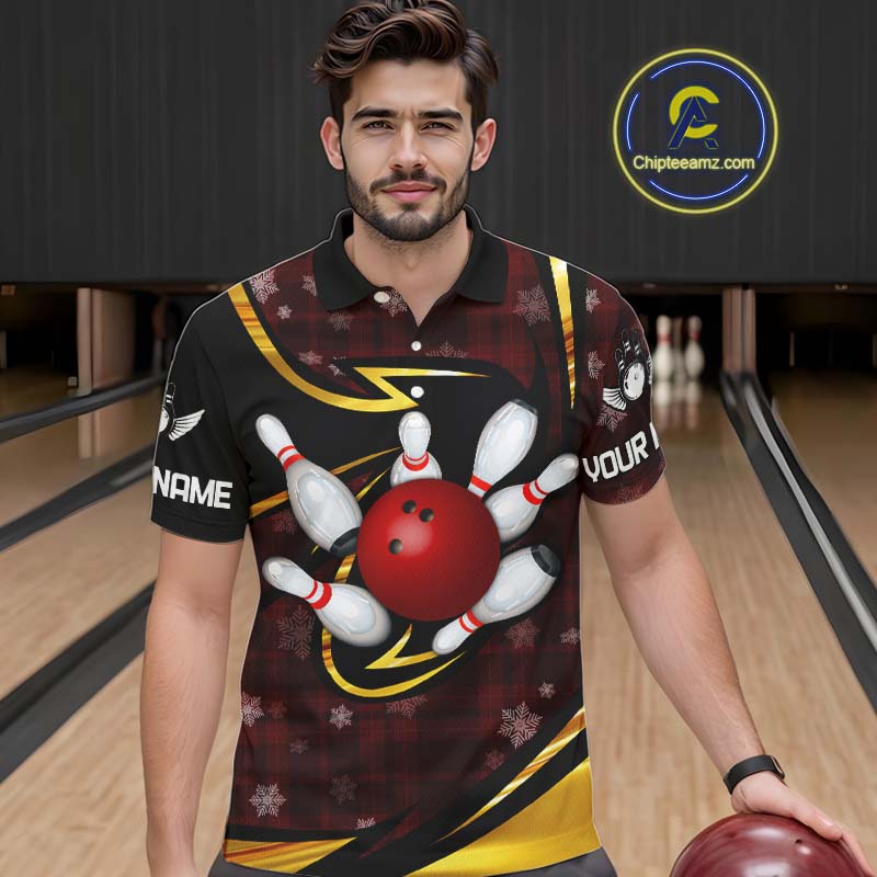 Red Christmas Plaid pattern snowflake Black and Gold Men's Bowling shirts Custom Xmas Bowling Gifts NQS10997