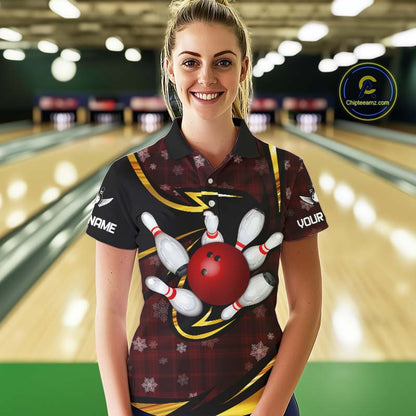 Red Christmas Plaid pattern snowflake Black and Gold Women's Bowling shirts Custom Xmas Bowling Gifts NQS10997