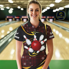 Load image into Gallery viewer, Red Christmas Plaid pattern snowflake Black and Gold Women's Bowling shirts Custom Xmas Bowling Gifts NQS10997