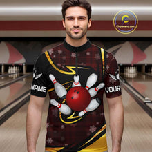 Load image into Gallery viewer, Red Christmas Plaid pattern snowflake Black and Gold Men's Bowling shirts Custom Xmas Bowling Gifts NQS10997