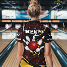 Load image into Gallery viewer, Red Christmas Plaid pattern snowflake Black and Gold Women's Bowling shirts Custom Xmas Bowling Gifts NQS10997