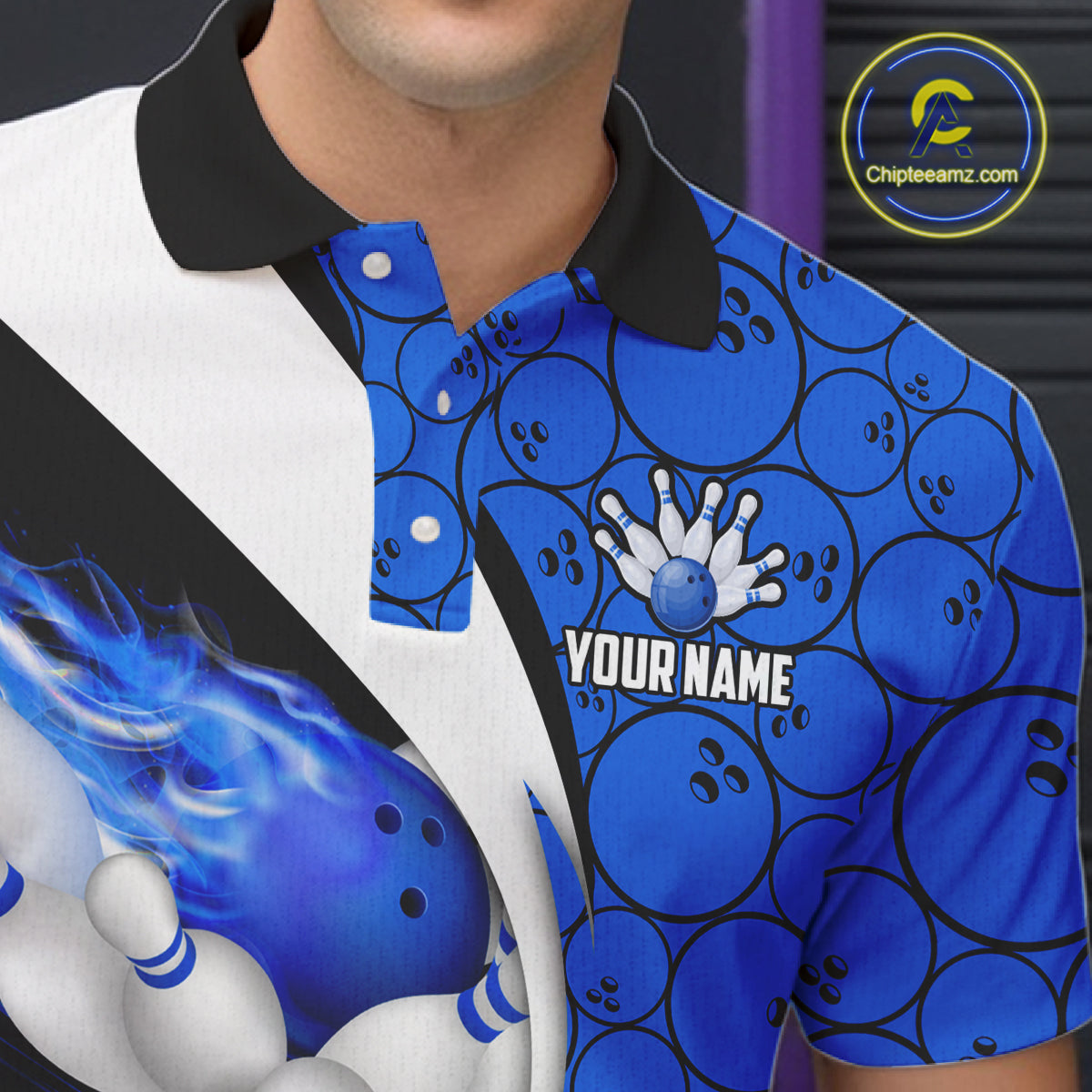 Blue Flame Bowling Camo Bowling Polo, Quarter Zip Shirts For Men Custom Bowling Team Bowler Jerseys NQS11195
