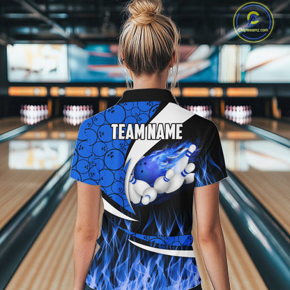 Blue Flame Bowling Camo Bowling Polo, Quarter Zip Shirts For Women Custom Bowling Team Bowler Jerseys NQS11195