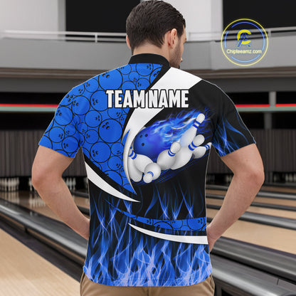 Blue Flame Bowling Camo Bowling Polo, Quarter Zip Shirts For Men Custom Bowling Team Bowler Jerseys NQS11195