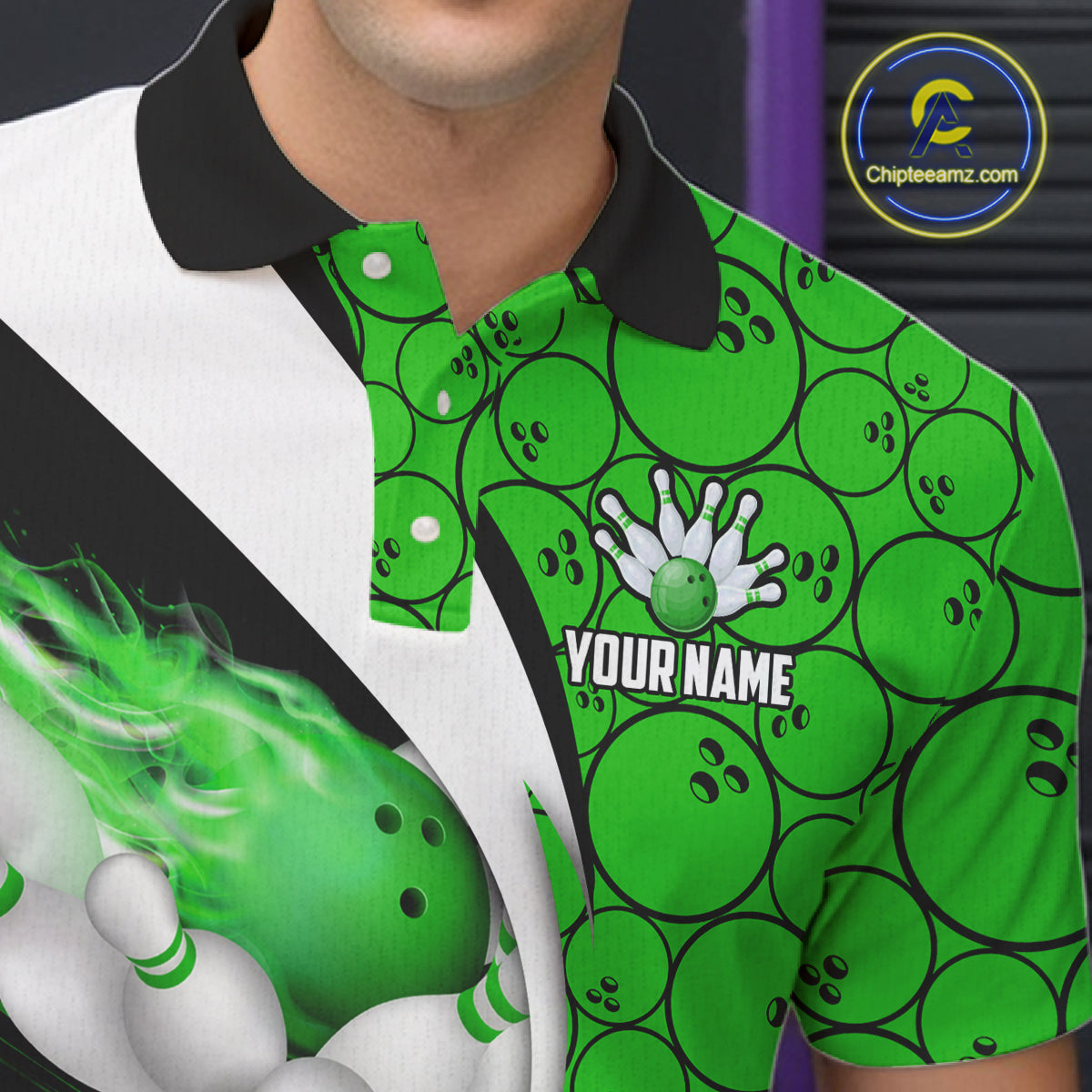 Green Flame Bowling Camo Bowling Polo, Quarter Zip Shirts For Men Custom Bowling Team Bowler Jerseys NQS11196