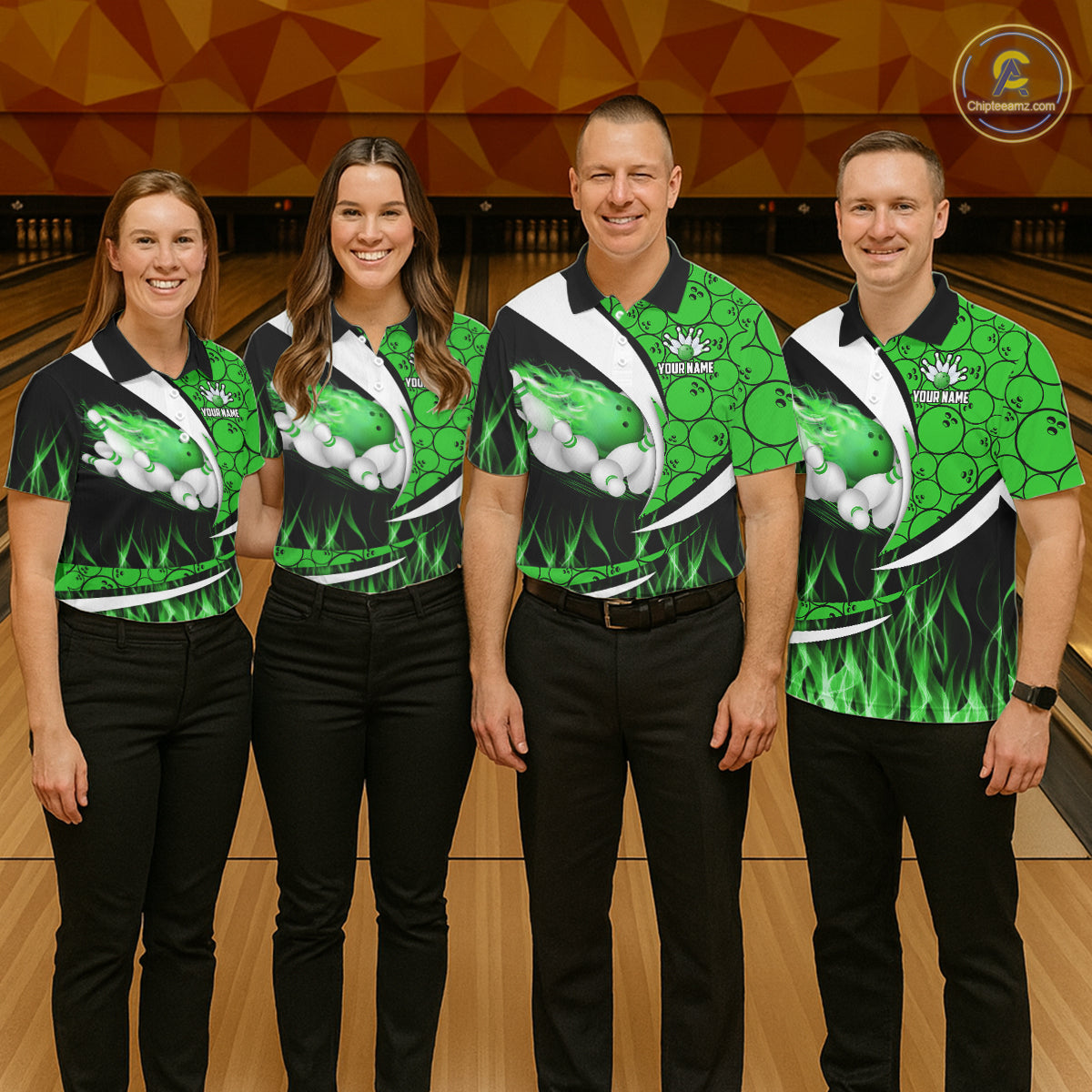 Green Flame Bowling Camo Bowling Polo, Quarter Zip Shirts For Women Custom Bowling Team Bowler Jersey NQS11196