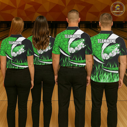 Green Flame Bowling Camo Bowling Polo, Quarter Zip Shirts For Women Custom Bowling Team Bowler Jersey NQS11196
