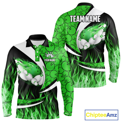 Green Flame Bowling Camo Bowling Polo, Quarter Zip Shirts For Men Custom Bowling Team Bowler Jerseys NQS11196