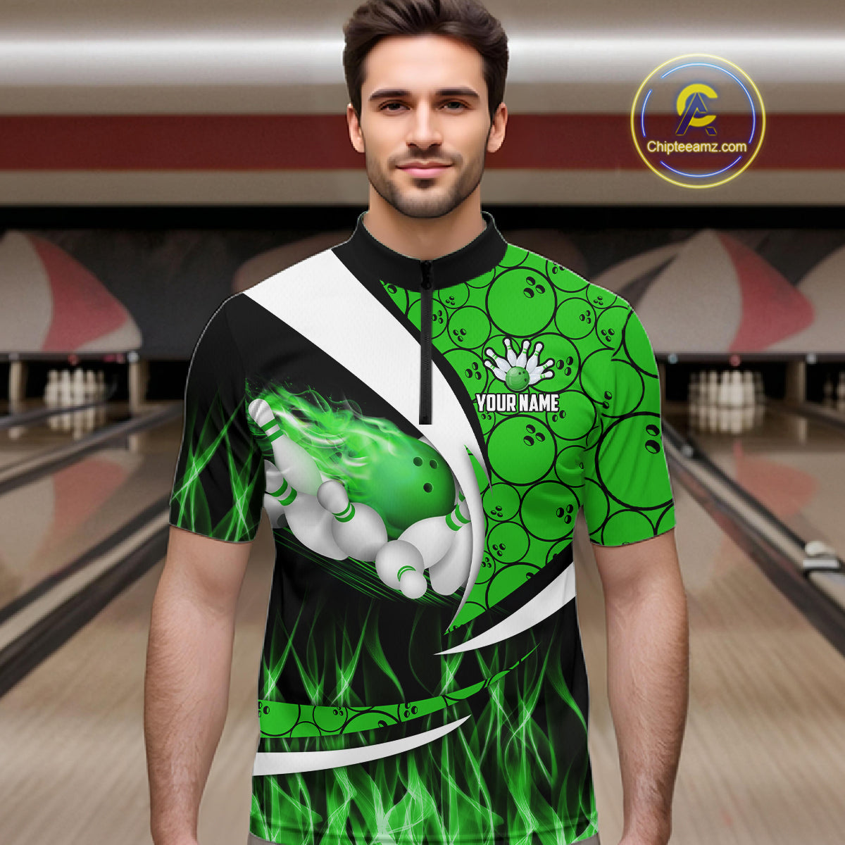 Green Flame Bowling Camo Bowling Polo, Quarter Zip Shirts For Men Custom Bowling Team Bowler Jerseys NQS11196