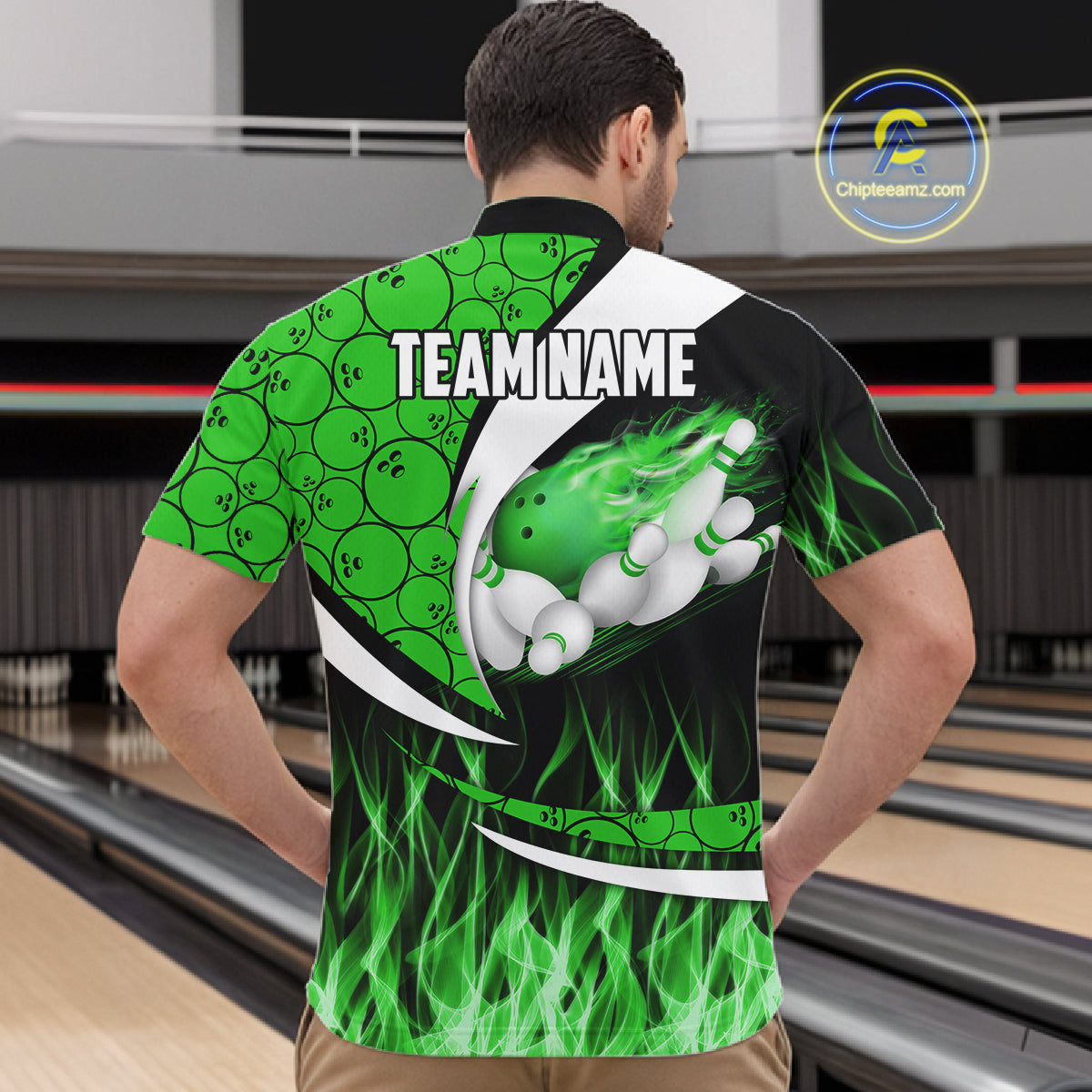 Green Flame Bowling Camo Bowling Polo, Quarter Zip Shirts For Men Custom Bowling Team Bowler Jerseys NQS11196