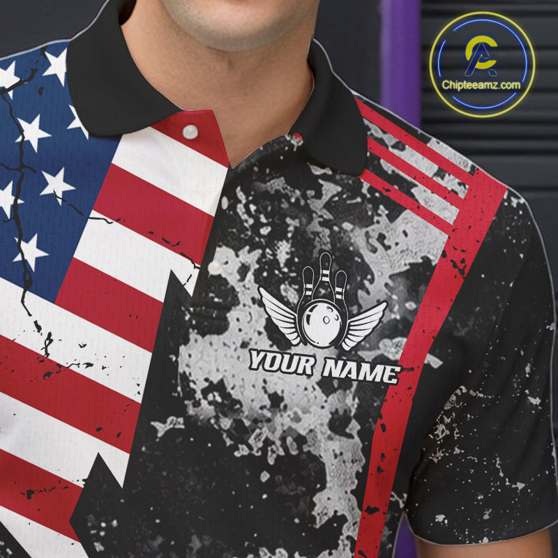American Flag grunge Bowling polo shirts, 1/4 zip shirt for men Custom patriotic team bowling jerseys NQS11405