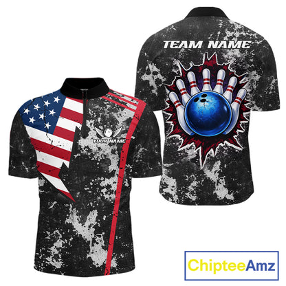 American Flag grunge Bowling polo shirts, 1/4 zip shirt for men Custom patriotic team bowling jerseys NQS11405