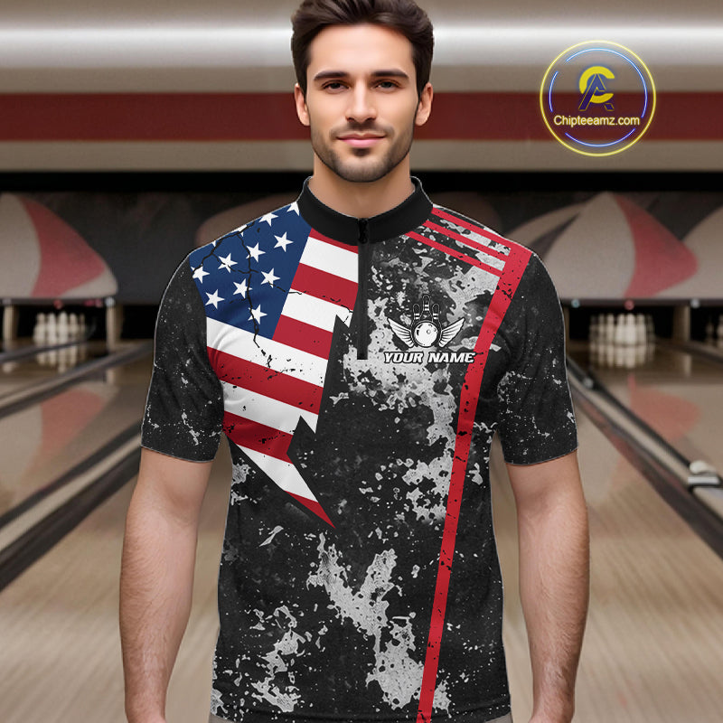 American Flag grunge Bowling polo shirts, 1/4 zip shirt for men Custom patriotic team bowling jerseys NQS11405