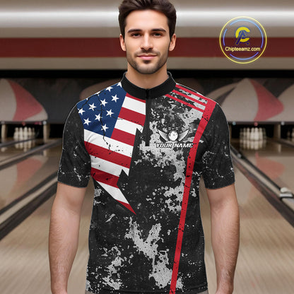 American Flag grunge Bowling polo shirts, 1/4 zip shirt for men Custom patriotic team bowling jerseys NQS11405