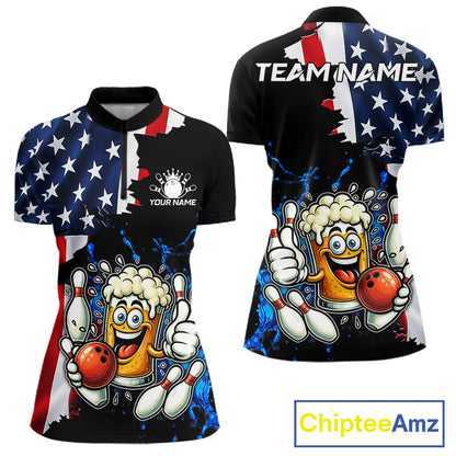 Funny Beer Bowling Shirts for Women Custom US Flag Patriotic Team Bowling Jerseys Uniforms NQS11602