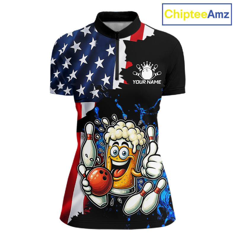 Funny Beer Bowling Shirts for Women Custom US Flag Patriotic Team Bowling Jerseys Uniforms NQS11602