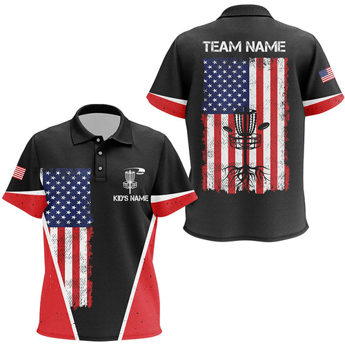 Black Kid Disc golf polo shirts vintage American flag patriot custom frisbee golf shirt for Kid NQS7993