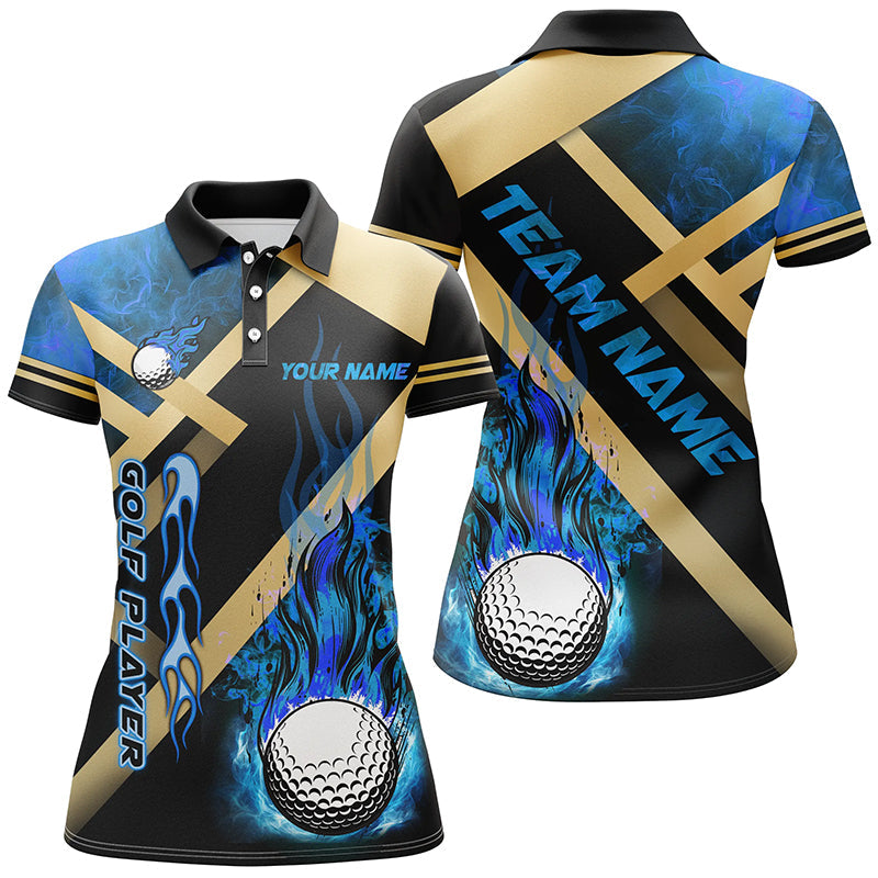 Womens golf polo shirt custom blue flame golf ball golf apparel for ladies, personalized golf gifts NQS7999