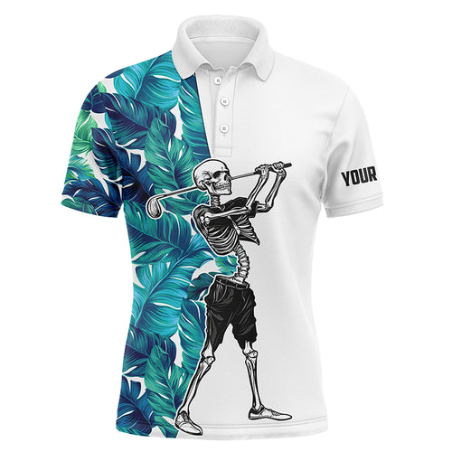 Funny Skull Mens Golf polo shirts tropical turquoise leaves custom Skull playing golf apparel NQS6094