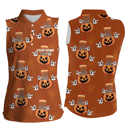 Funny Halloween Boo pumpkin Disc golf pattern Women sleeveless polos custom Halloween ladies golf tops NQS8645