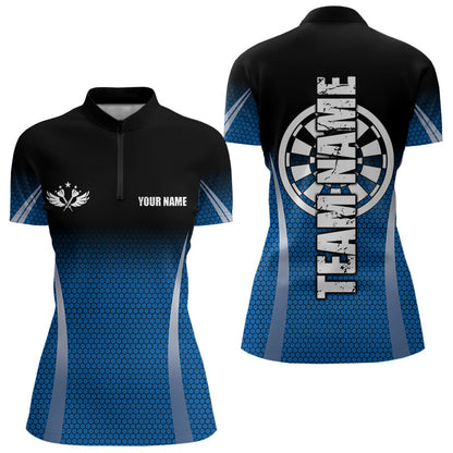 Black and Blue Camo Dart Polo, Quarter Zip Shirt For Women Custom Dart Jerseys For Team NQS9130