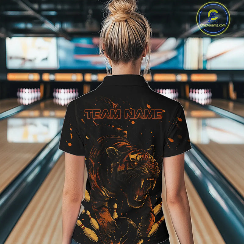 Personalized Black and Orange Tiger Bowling Team Polo, 1/4 Zip Shirts For Women, Tiger Bowling Jersey NQS11203