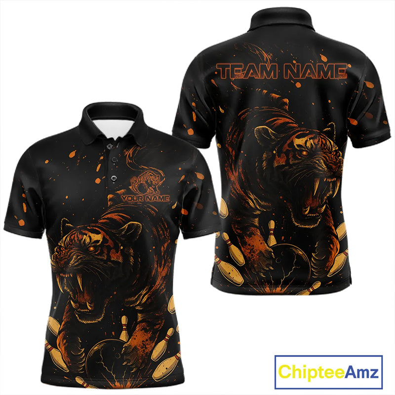 Personalized Black and Orange Tiger Bowling Team Polo, 1/4 Zip Shirts For Men, Tiger Bowling Jerseys NQS11203