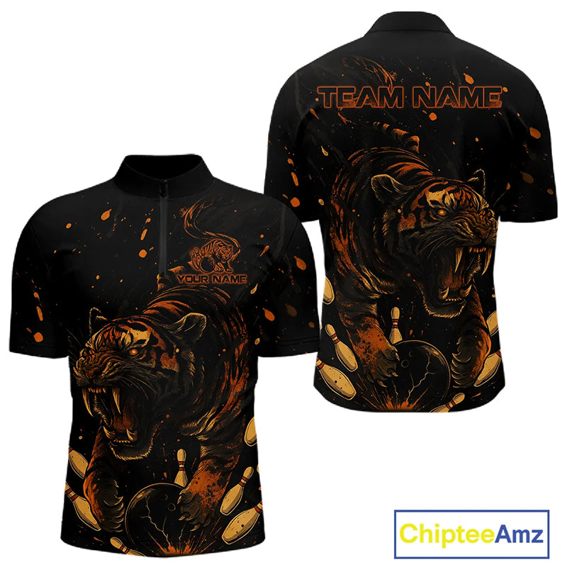 Personalized Black and Orange Tiger Bowling Team Polo, 1/4 Zip Shirts For Men, Tiger Bowling Jerseys NQS11203