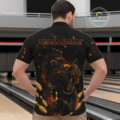 Personalized Black and Orange Tiger Bowling Team Polo, 1/4 Zip Shirts For Men, Tiger Bowling Jerseys NQS11203