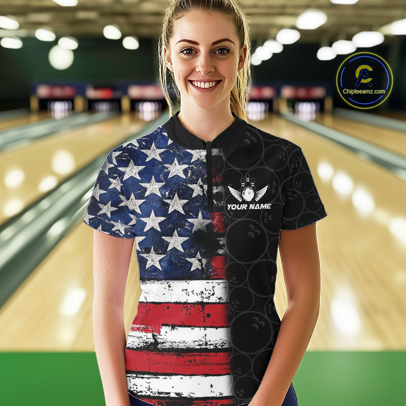 American Flag Eagle Bowling shirts for Women Custom patriotic team bowling jerseys, gift for bowlers NQS11406