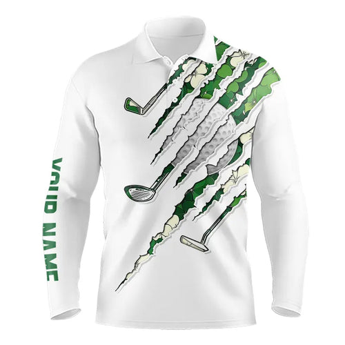 Green shamrock pattern White Mens Golf Polo Shirt Custom golf clubs St Patrick day golf attire for men NQS9476