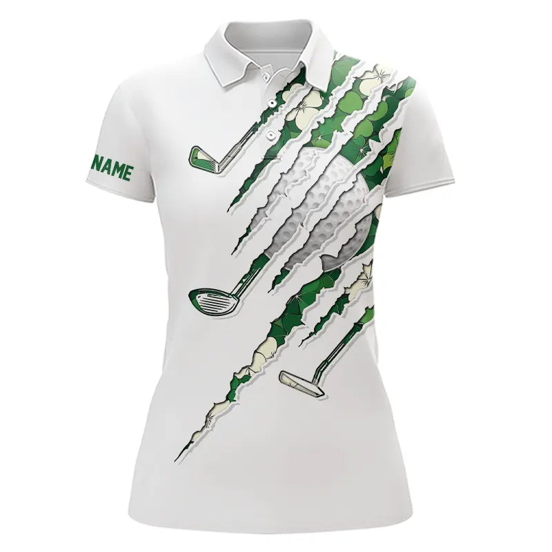 Green shamrock pattern White Women Golf Polo Shirt Custom golf clubs St Patrick day ladies golf attire NQS9476