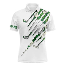 Load image into Gallery viewer, Green shamrock pattern White Mens Golf Polo Shirt Custom golf clubs St Patrick day golf attire for men NQS9476