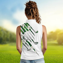 Load image into Gallery viewer, Green shamrock pattern White Women sleeveless polo Custom golf clubs St Patrick day ladies golf attire NQS9476