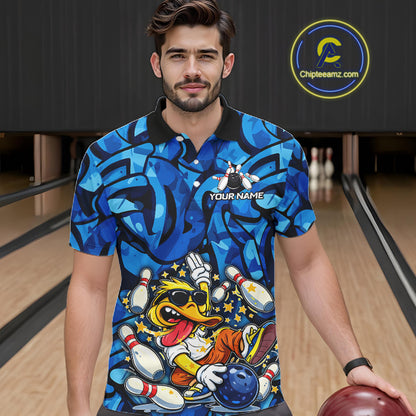 Funny Duck Bowling Polo, 1/4 Zip Shirts for Men Custom Blue graffiti pattern Team Bowling Jerseys NQS11603