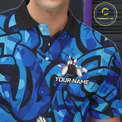 Funny Duck Bowling Polo, 1/4 Zip Shirts for Men Custom Blue graffiti pattern Team Bowling Jerseys NQS11603