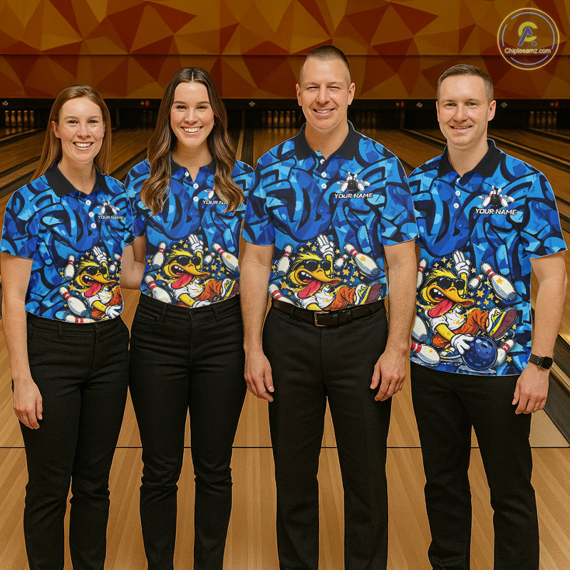 Funny Duck Bowling Polo, 1/4 Zip Shirts for Men Custom Blue graffiti pattern Team Bowling Jerseys NQS11603
