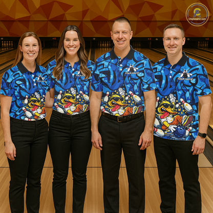 Funny Duck Bowling Polo, 1/4 Zip Shirts for Men Custom Blue graffiti pattern Team Bowling Jerseys NQS11603