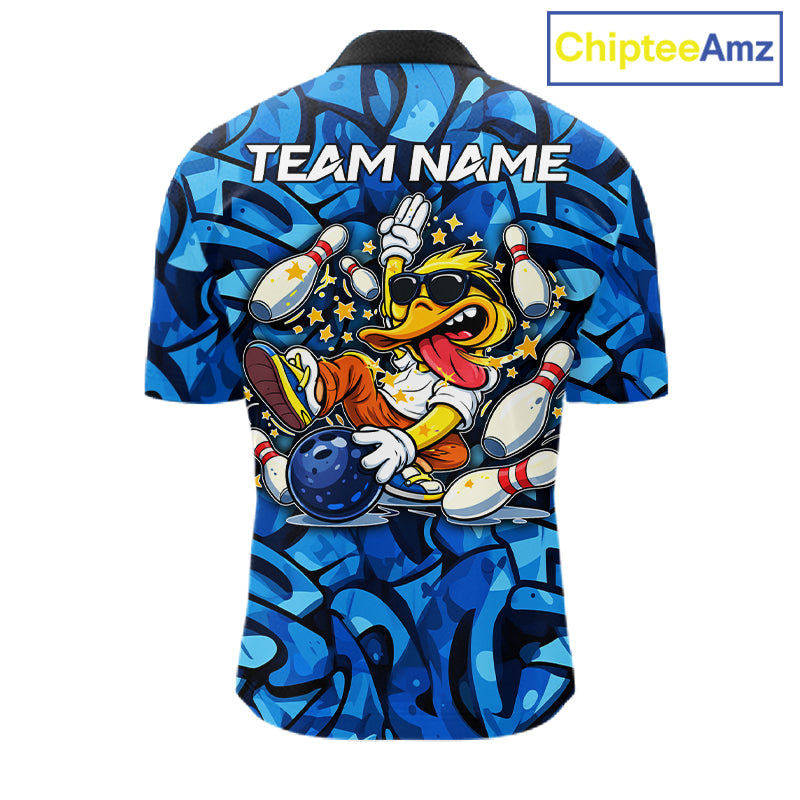 Funny Duck Bowling Polo, 1/4 Zip Shirts for Men Custom Blue graffiti pattern Team Bowling Jerseys NQS11603