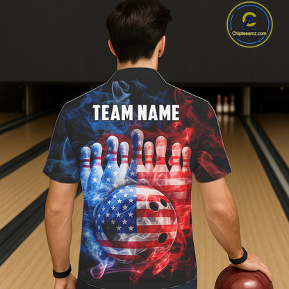 Smoke American Flag Bowling ball & pins Bowling Button-up Shirts Custom patriotic Team Bowling Jersey NQS11606