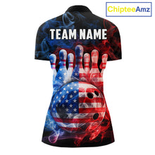 Load image into Gallery viewer, Smoke American Flag Bowling ball &amp; pins Bowling Shirts for Women Custom patriotic Team Bowling Jersey NQS11606