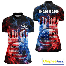 Load image into Gallery viewer, Smoke American Flag Bowling ball &amp; pins Bowling Shirts for Women Custom patriotic Team Bowling Jersey NQS11606