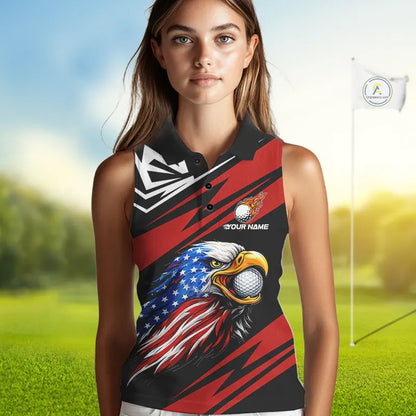 Custom Black and Red Camo American Flag Eagle Sleeveless Golf Polo shirt, patriotic ladies golf tops NQS11608