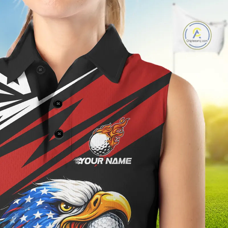 Custom Black and Red Camo American Flag Eagle Sleeveless Golf Polo shirt, patriotic ladies golf tops NQS11608